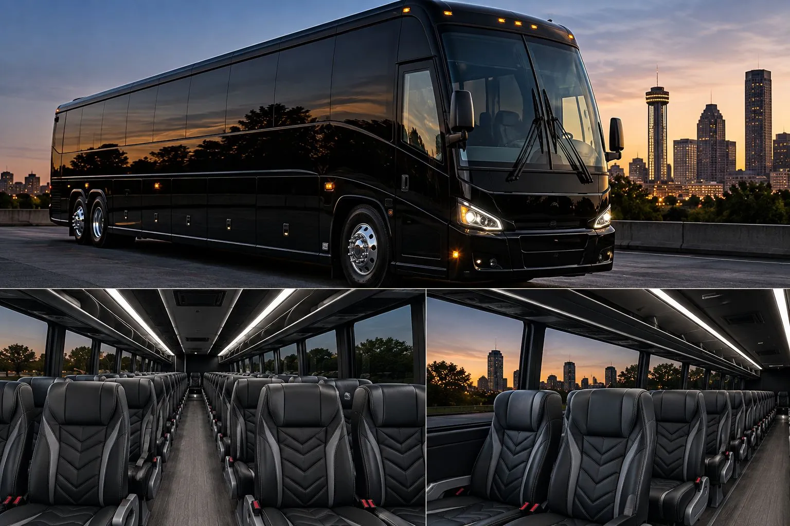Black motorcoach charter bus and its leather cabin