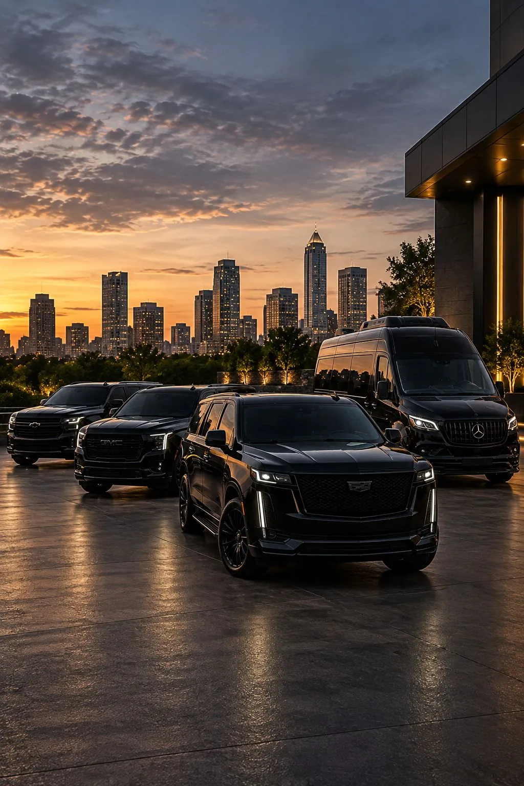 The Prime ATL fleet staged against the Atlanta skyline at dusk