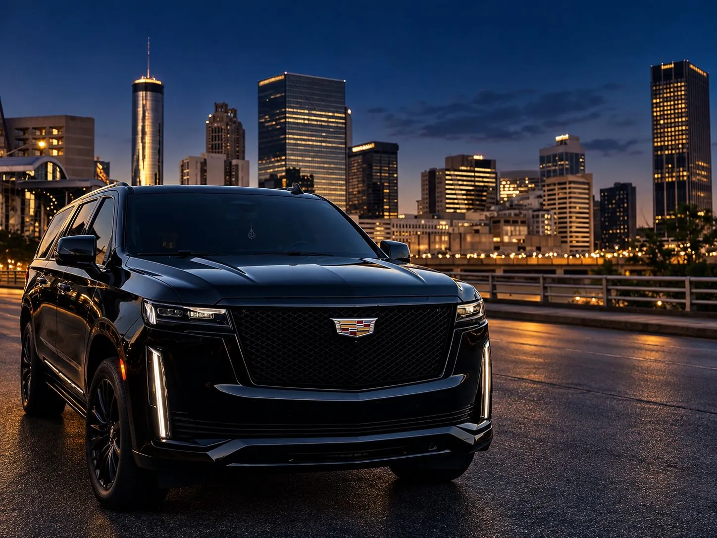 Blacked-out luxury SUV against the Atlanta skyline at dusk
