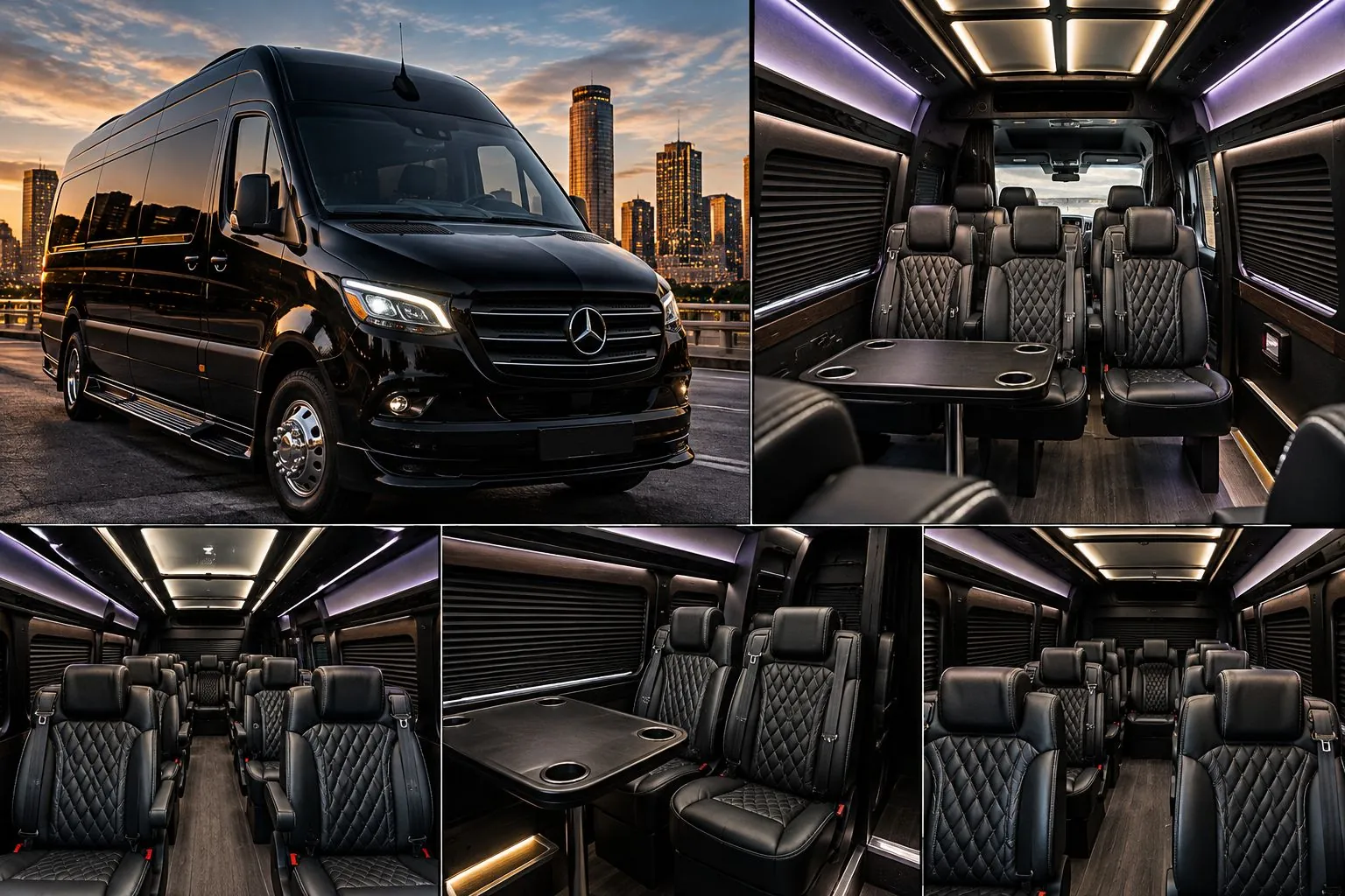 14-passenger sprinter van, exterior and quilted leather cabin